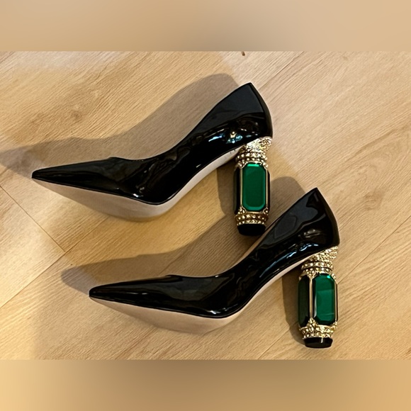 FSJ Women Bridal Pointed Toe Chunky High Heel Crystal Pumps Slip on Wedding Thic - Picture 3 of 12